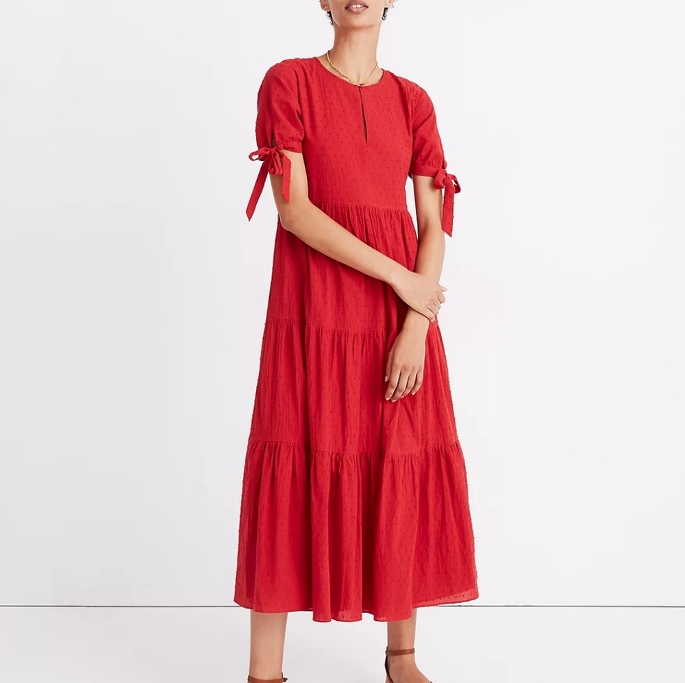 NWT: Madewell- Swiss dot tied-sleeve tiered dress